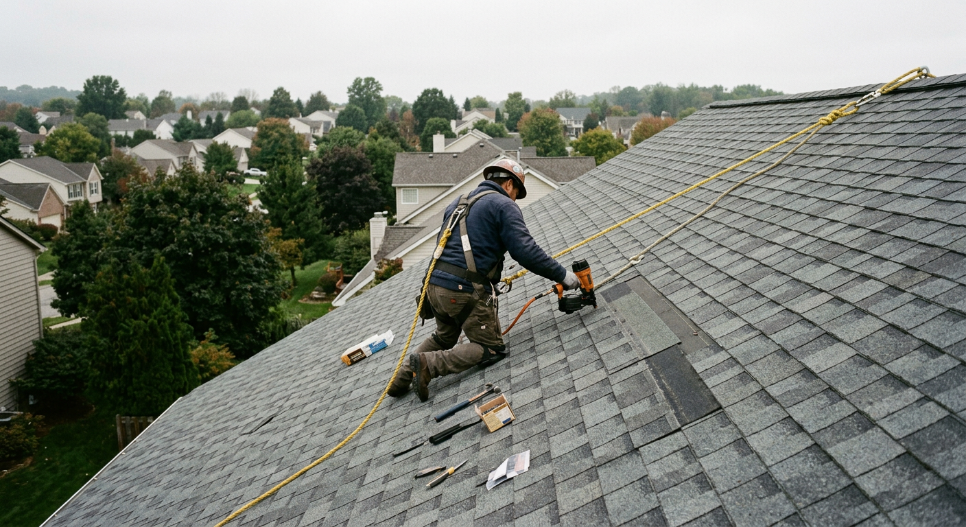 Roofer finishing shingle work on a residential roof